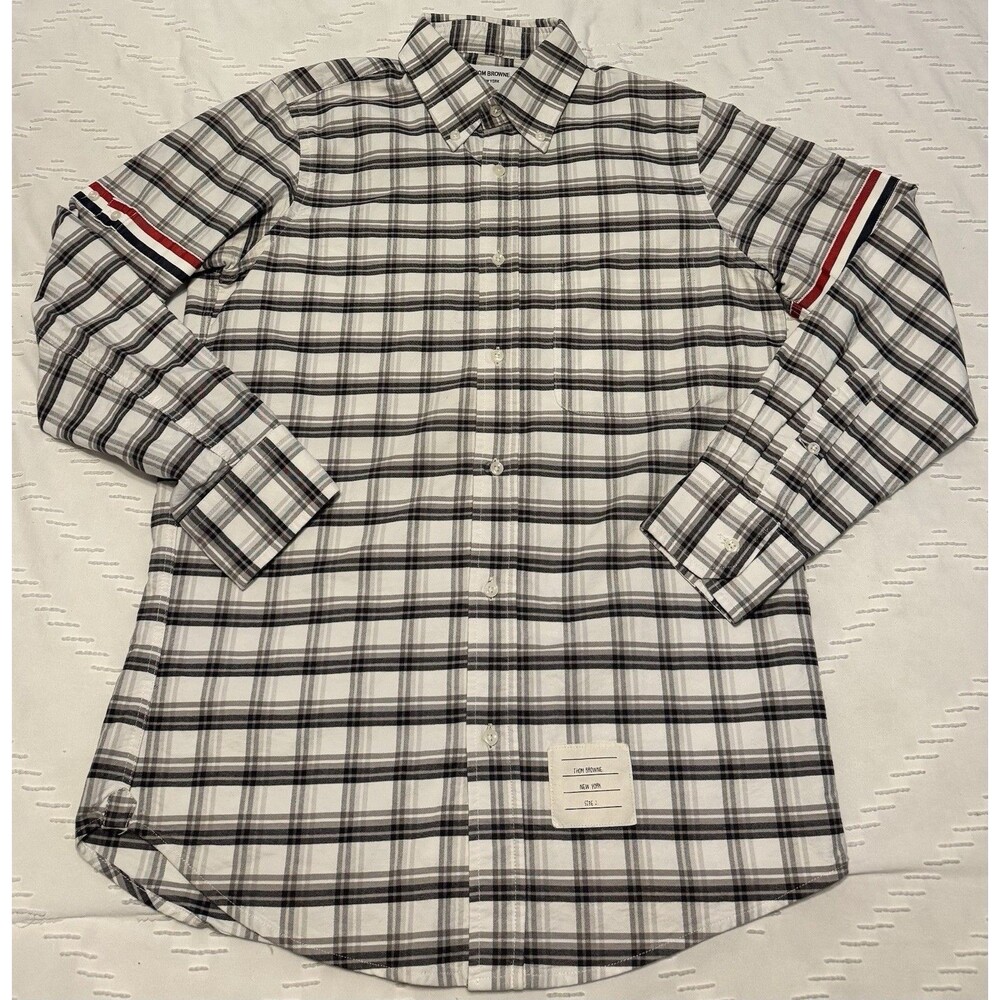 Thom Browne Italy NYC White Gray Gingham Check Button Armband Shirt Size 2